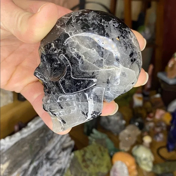 Insanely Dense Black Tourmalated Quartz Skull Carving - Picture 4 of 7